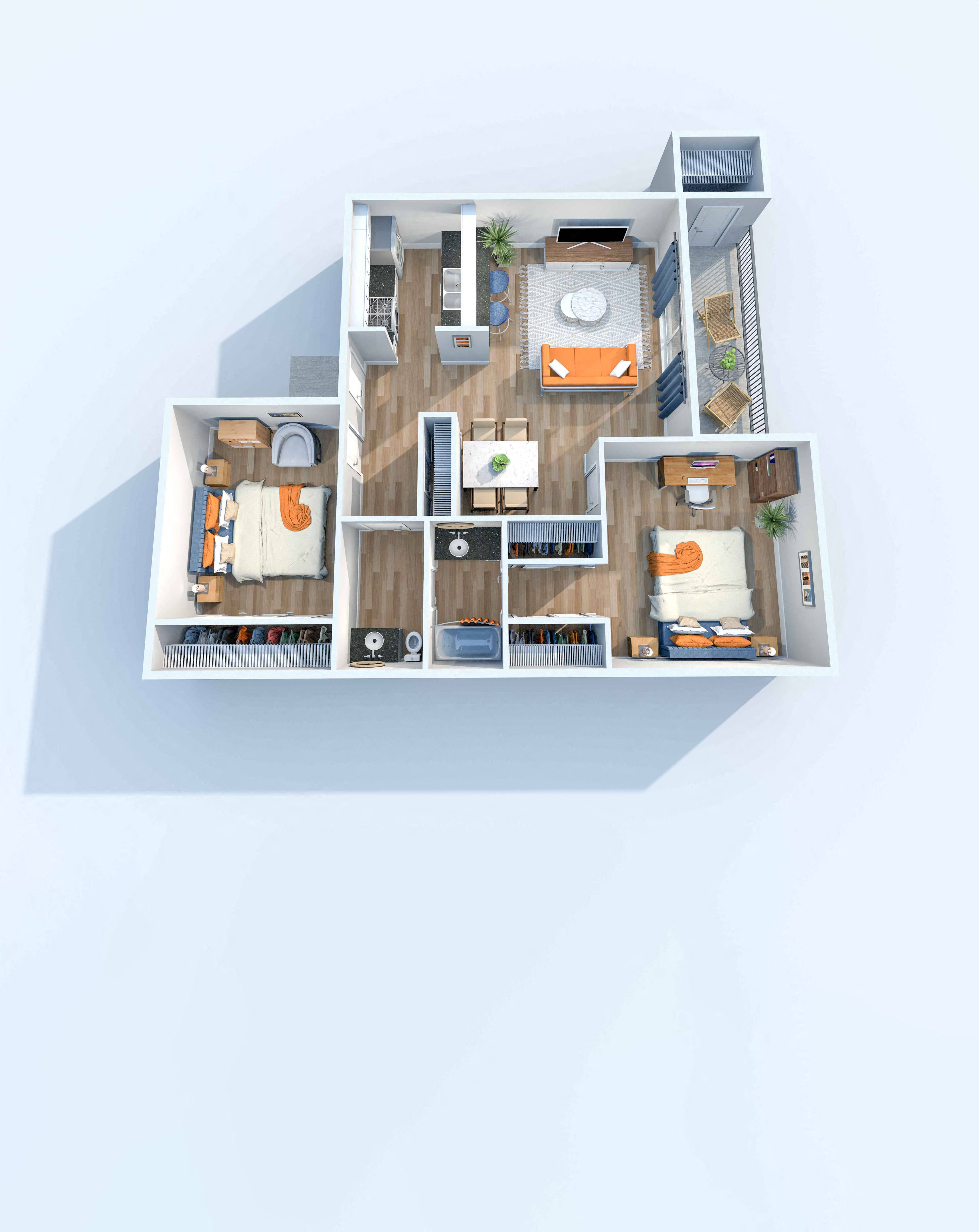Floor plan for 2 beds, 1.5 baths, 869 sqft